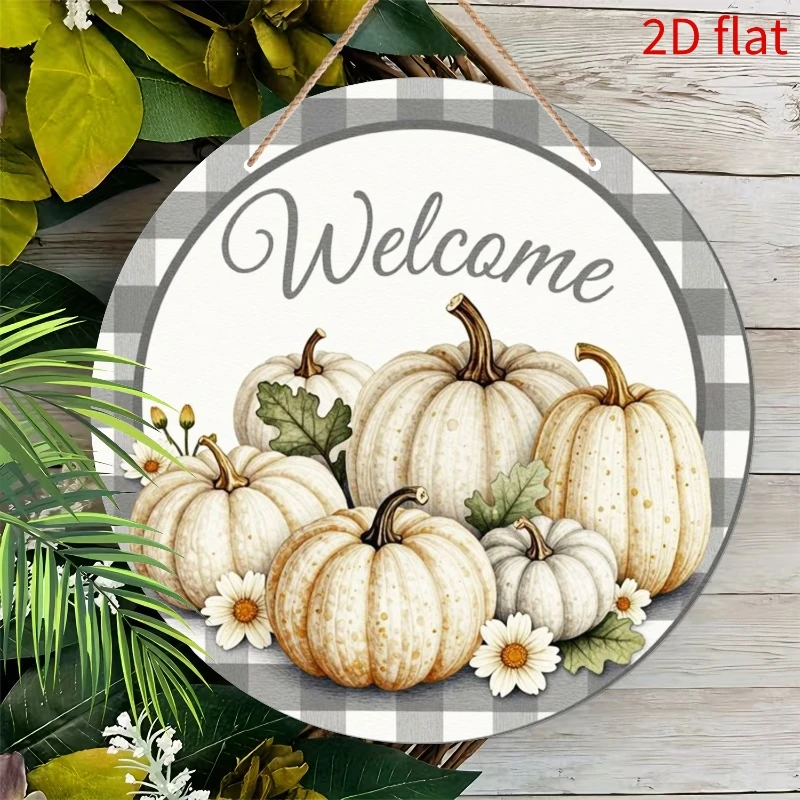 2D Flat Printing, Wooden Sign, Plaque, Pattern - Autumn White Pumpkin Decorative Painting with Elegant Welcome Text, 9-Inch Roun