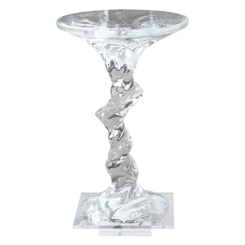

water ripple edge next to sofa, transparent resin, exquisite small round coffee table, acrylic crystal corner table
