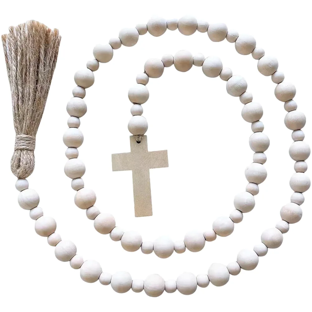 Cross Wooden Beads Wreaths Beaded Garland with Tassels Pendant Decorative Easter Hanging Decoration