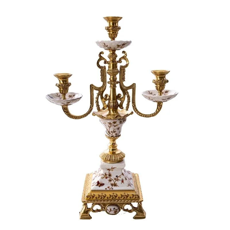 European luxury soft home model room decoration, luxury nostalgic ceramics with copper 3-head candlestick creative ornament