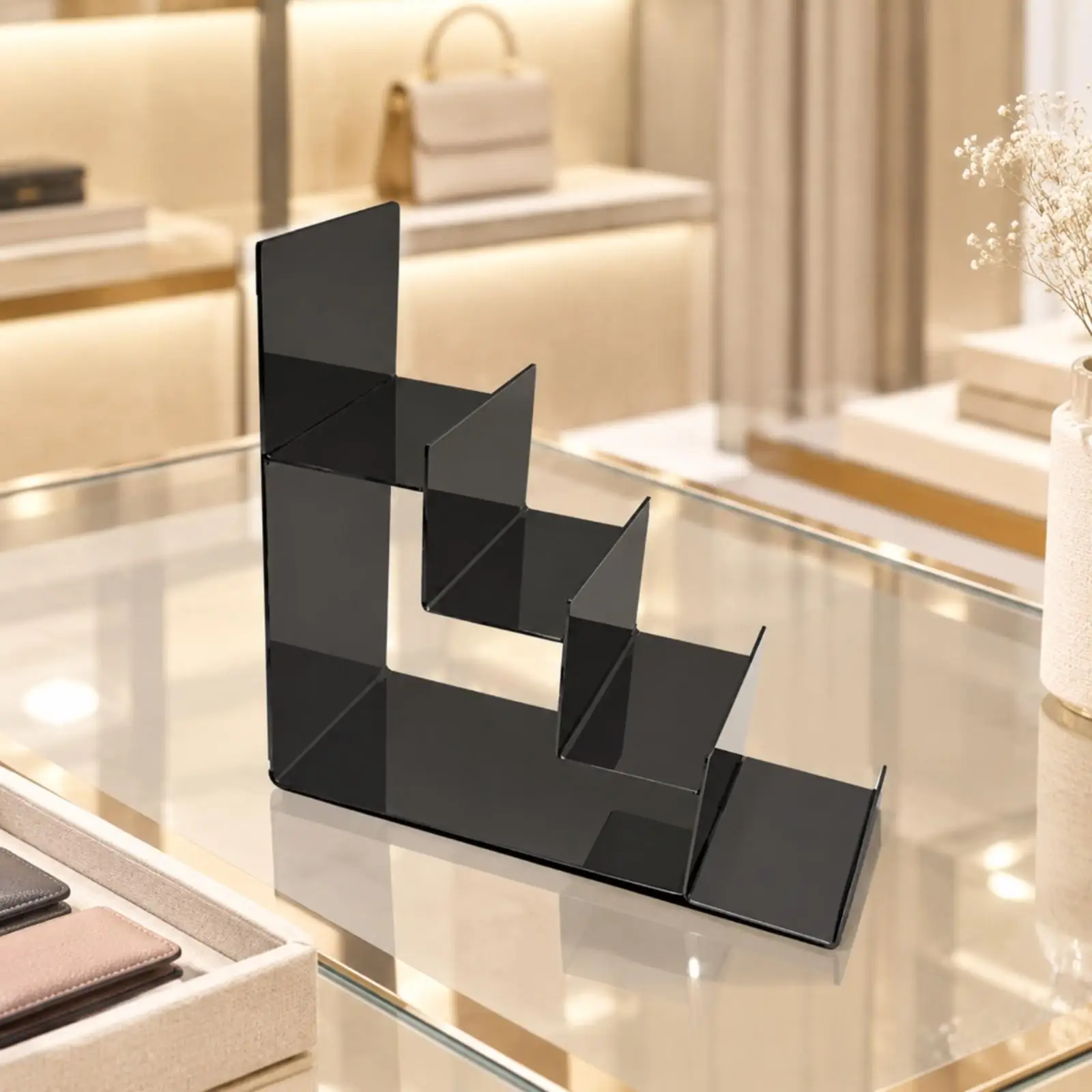 Stainless Steel Stepped Display Rack 4 Tier Raised Side Panel Shelf Stand for Handbag Wallet Merchandise Display Countertop
