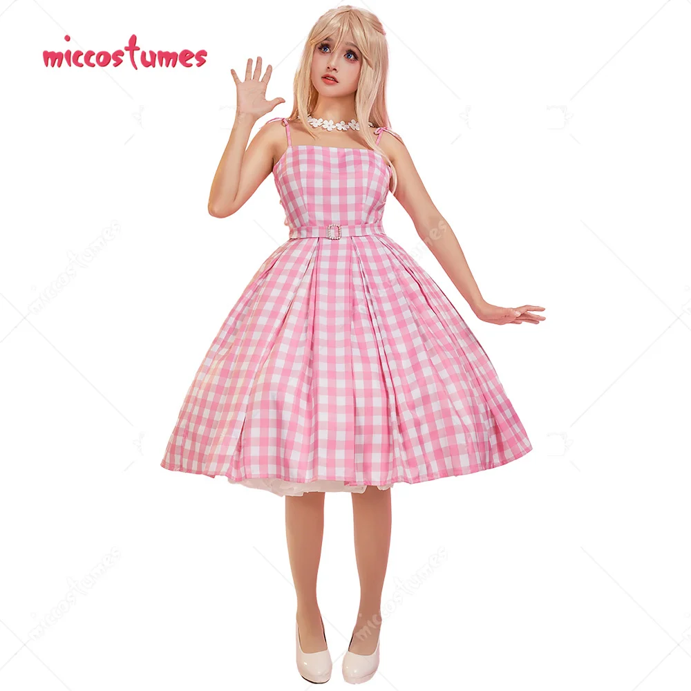 miccostumes Women's Doll Cosplay Costume Pink Plaid Dress Set with Necklace Earring