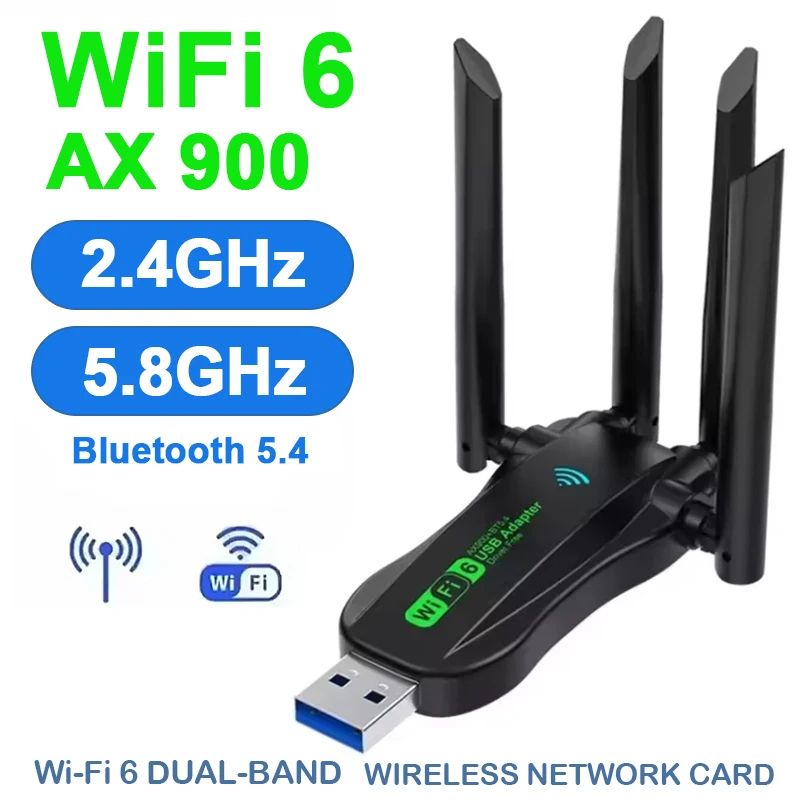 

AX900 Network Card Bluetooth 5.4 WiFi6 Wireless Receiver WiFi 6 USB Adapter Dual Band 2.4G 5G Antennas Driver Free for WIN 10 11
