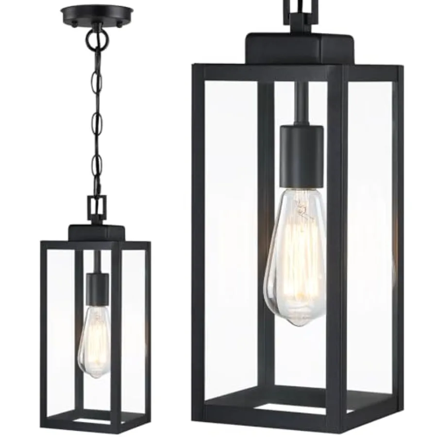 

15'' Large Outdoor Pendant Light Modern Outside Chandelier Outdoor Hanging Lantern Light Matte Black with Clear Glass Exterior