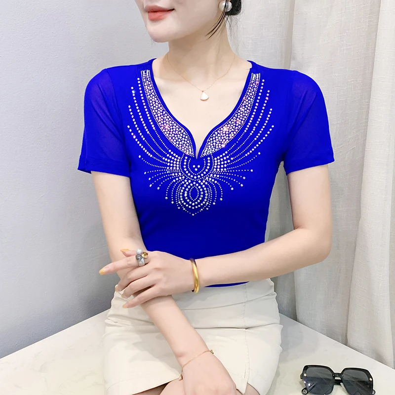 

New 2025 Summer Mesh Tops New Korean Fashion Hot Diamond Women Shirt Slim Short Sleeve Casual T Shirt
