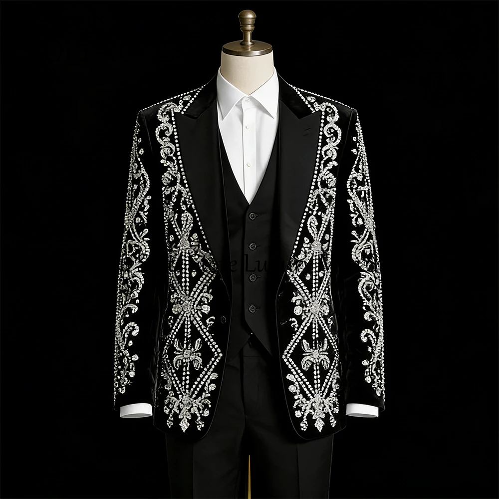 

Luxury Crystal Suits for Male 3 Pieces Single Breasted Wedding Groom Tuxedos Set Customized Blazer Pants Vest disfraz de hombre