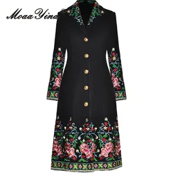 MoaaYina Autumn and Winter Women's Fashion Coat Notched Single-Breasted Long Sleeved Embroidery Design Black/Red Overcoat