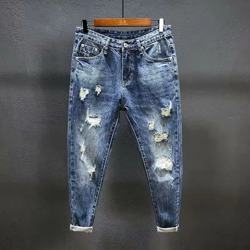 Retro Distressed Ripped Hole Jeans For Men Hole Loose Straight Cropped Korean Fashion Denim Beggar Pants