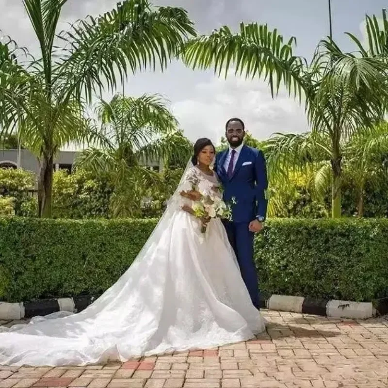 

Customized African Plus Size Wedding Dresses 3/4 Sleeves Lace Appliques South Arabic Ball Gown Long Train Bridal Gowns