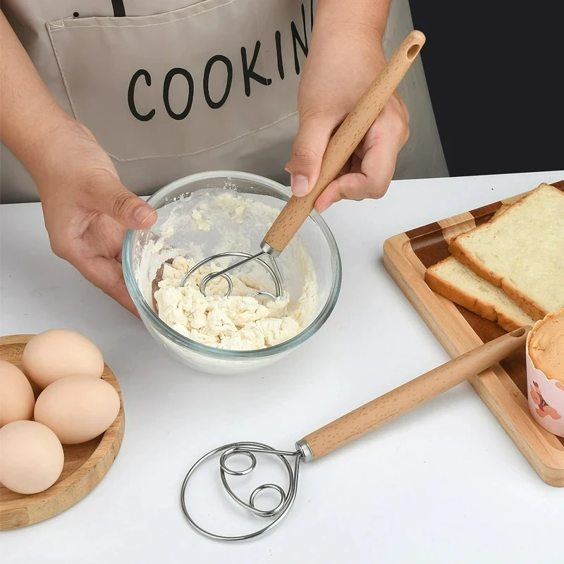 10 Inch Creative Hand Blender DIY Danish Bread Stainless Steel Bakeware Dough Whisk Egg Beater Mixer Tool Wood Handle