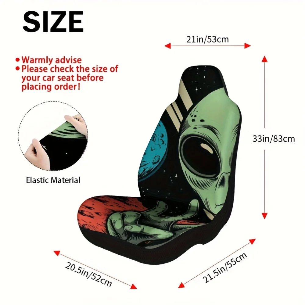 Set Of 2, Trendy Front Seat Covers Featuring An Alien Peace Sign Design, Ensuring Driver Comfort During Everyday Travel, A Fashi