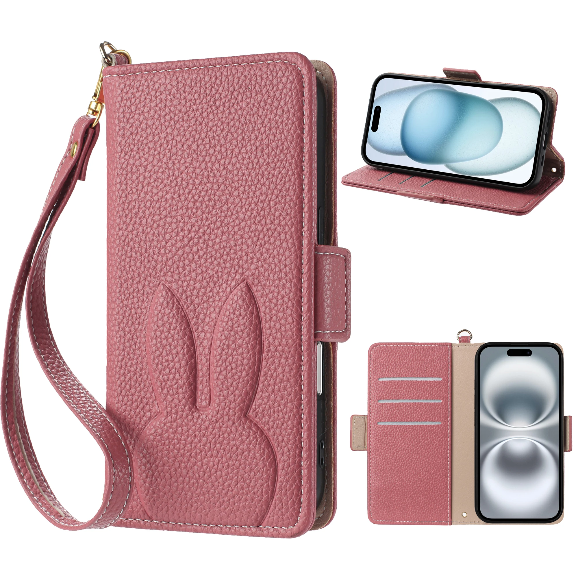 Niedliche 3D-Kaninchen-Blumen-Leder-Handy-Mappenhülle für iPhone 16 15 14 Plus 13 12 11 Pro Max XS X SE 16e Kartensteckplatz Flip-Cover – Detail 7