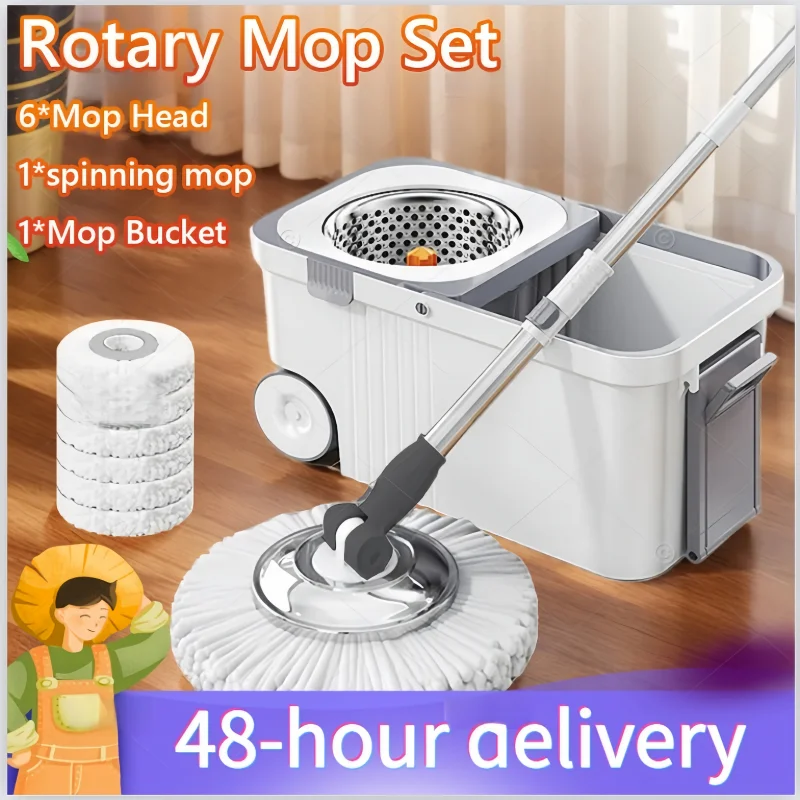 

Detachable Double Bucket Mop Spin Mop Bucket Sets 360° Spinning Floor Cleaning Mop with 6 Extra Reusable Microfiber Heads Home L