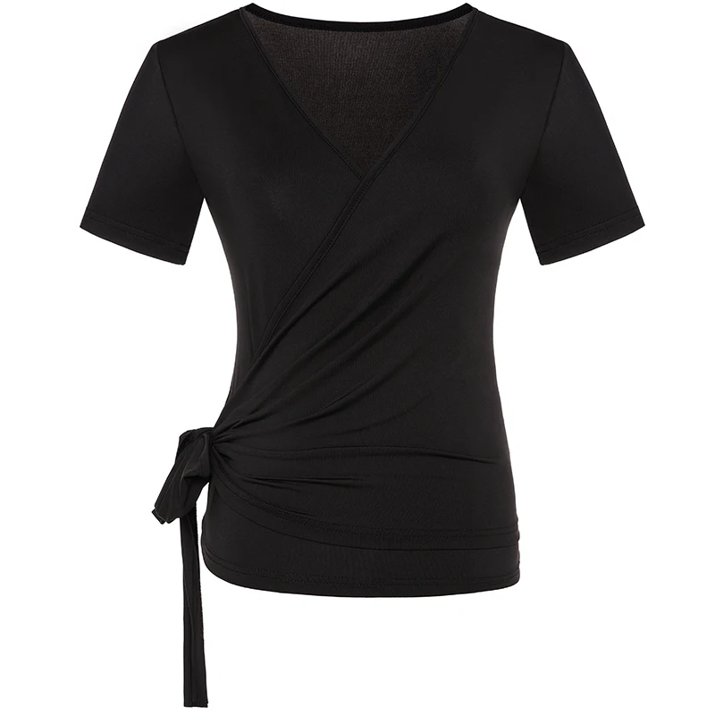 Latin Dance Oefenkleding Korte mouwen Tops Vrouwelijke Volwassen Zomer Moderne Dans Effen Kleur Veterschoenen T-shirt Danskleding voor meisjes