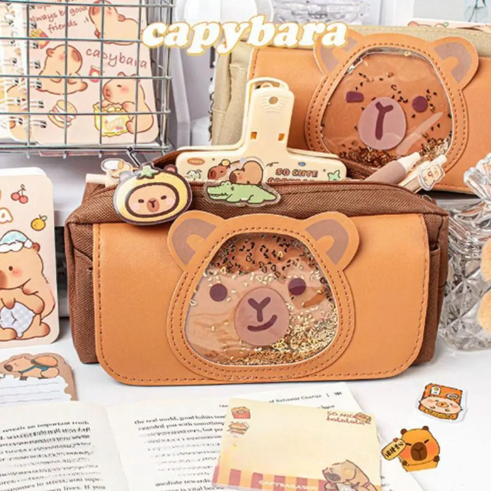 Large Capacity Capibara Pen Bag Cartoon Stationery Holder Glitter Pen Case Korean Style Desktop Storage Capibara Pencil Pouch