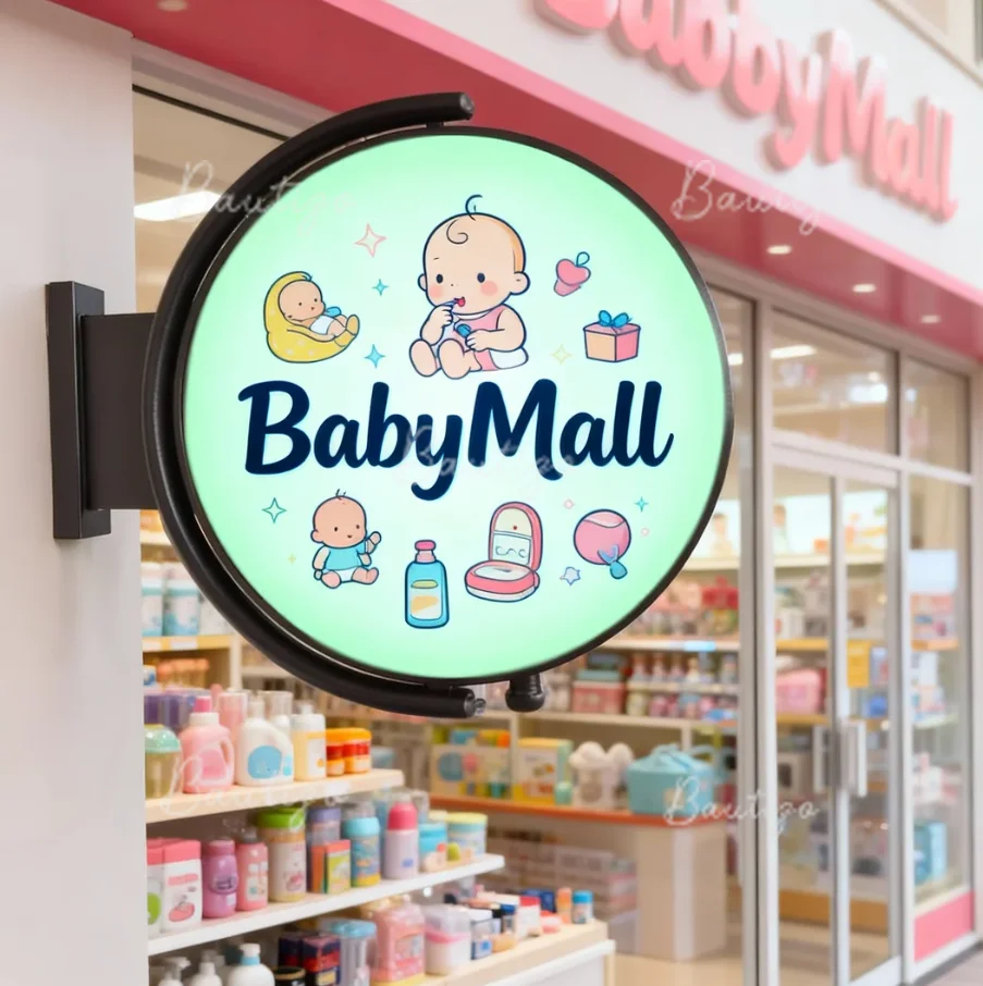 Custom 360 Rotating Light Box Sign Personalized Double Sided Outdoor Logo Acrylic LED BabyMall Business Signboard Waterproof