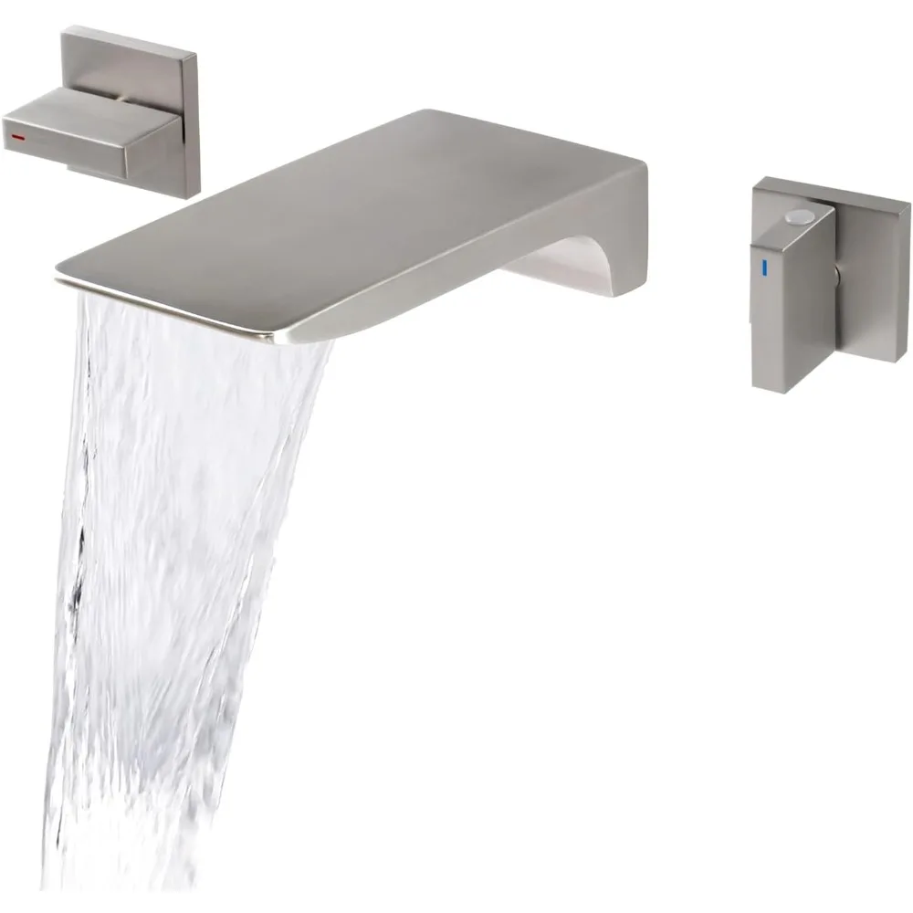 

Wall-Mounted Dual Handle Bathroom Tub Faucet with Waterfall Feature, Brass Construction and Rough-In Valve Included, Brushed Nic
