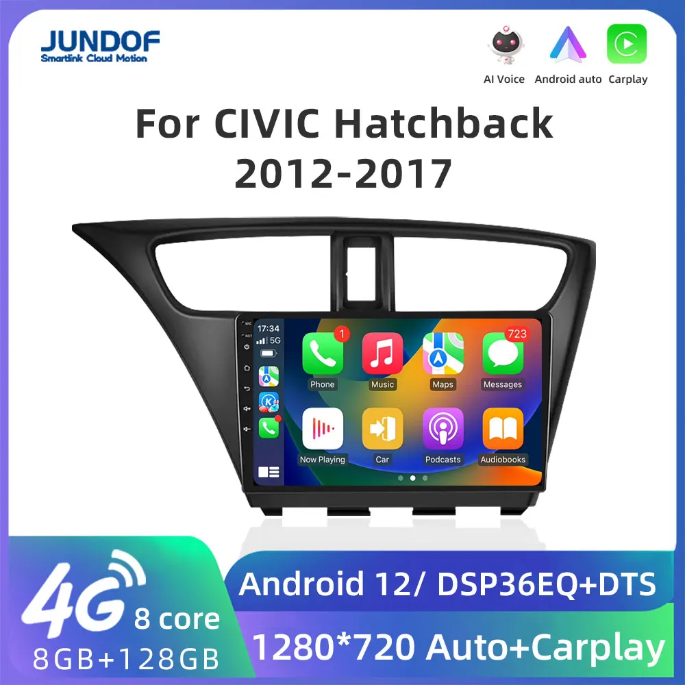 

Jundof Android 12 Carplay For Honda CIVIC Hatchback 2012 - 2017 Car Radio Multimedia Video Player Navigation GPS Stereo No 2 Din