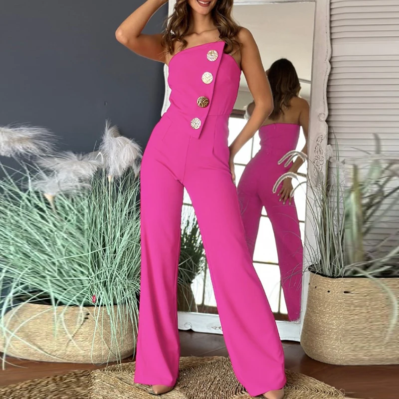 Fashion Sleeveless High Waist Party Jumpsuit Casual Multi-color Straight Pants Playsuit Ladies Sexy Strapless Button Slim Romper