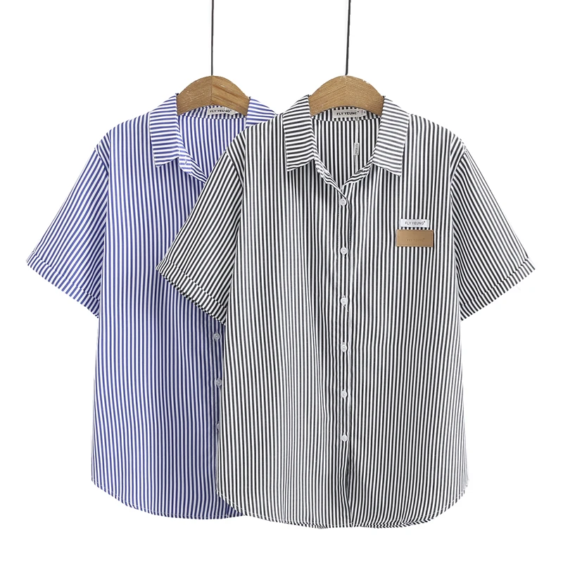 

plus Size Women's Casual Shirt Summer Korean Style Vertical Stripes Letter Label Shirt Button up Short Sleeve Straight Cut