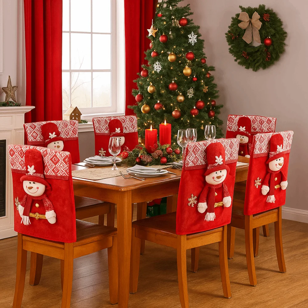 Penutup Kursi Natal Kartun Lucu Penutup Kursi Makan Malam Natal Dapat Dilepas Lembut Pelindung Kursi Manusia Salju Dekoratif Meriah