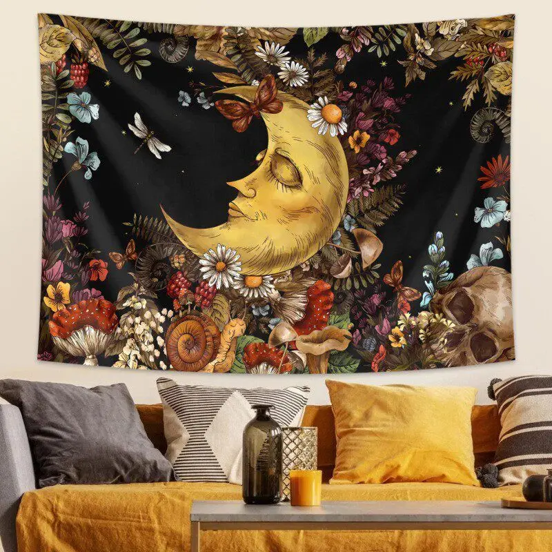 VIKAMA Sun and Moon Face Tapestry Black Cream Boho Celestial Starry Wall Hanging Mystical Vintage Wall Art Bedroom Dorm Decor