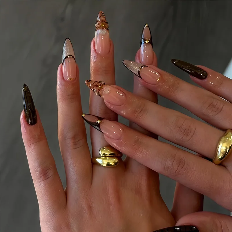 

24Pcs Stripe Shiny Powder French Fake Nails Mid-length Almond Press on False Nails with 3D Flower Reusable Full Cover Nails Tips