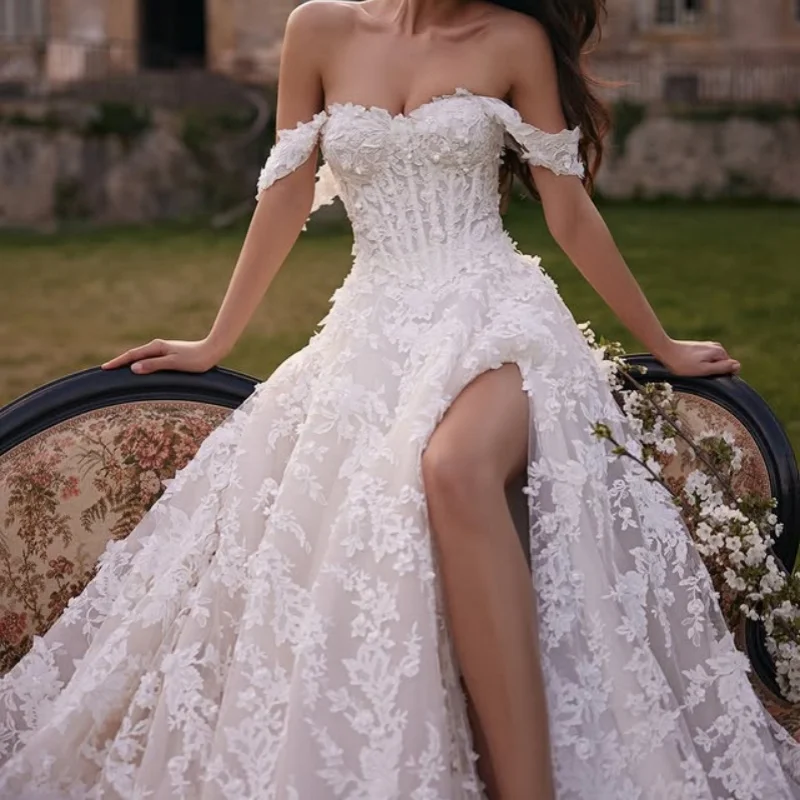 

Flower Shiny White Wedding Dresses off-shoulder A skirt decal long sleeves Long tail Bridal Gowns Made Customized