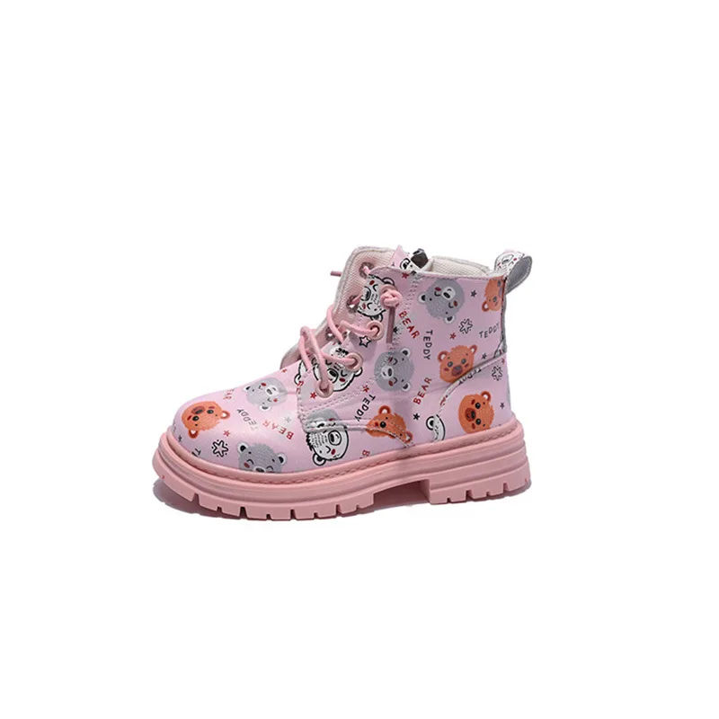 2024 Autumn New Children's Martin Boots Korean Cute Leather Boots Fashion Printed Casual Women's Shoes