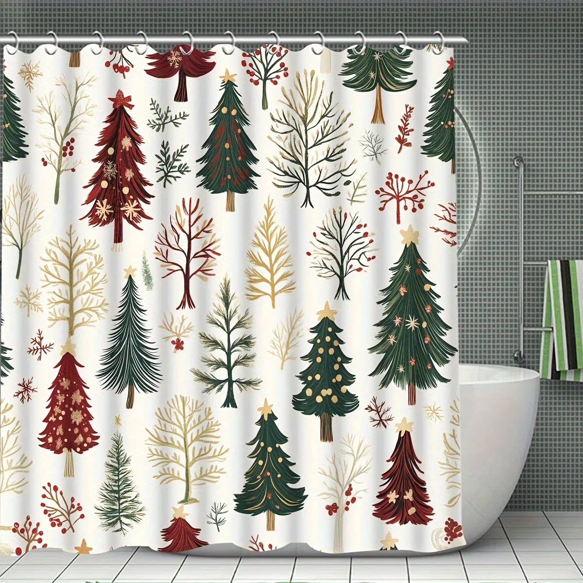 4Pcs Xmas Shower Set, Red Green Gold Cream Tree Design, Non-Slip Mat, U-Shaped Toilet Cover, 12 Hooks, for Christmas