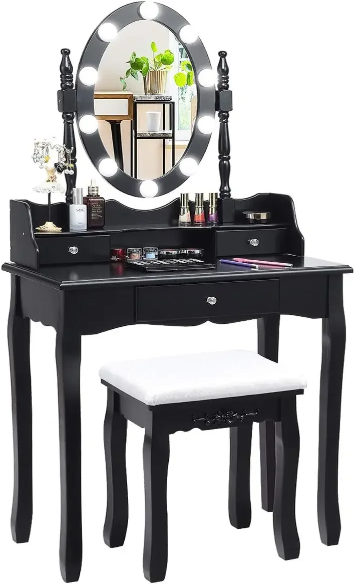 Vanity Table Set with Lighted Mirror, 10 LED Bulbs, Girls Vanity Desk with 3 Drawers, Makeup Dressing Table