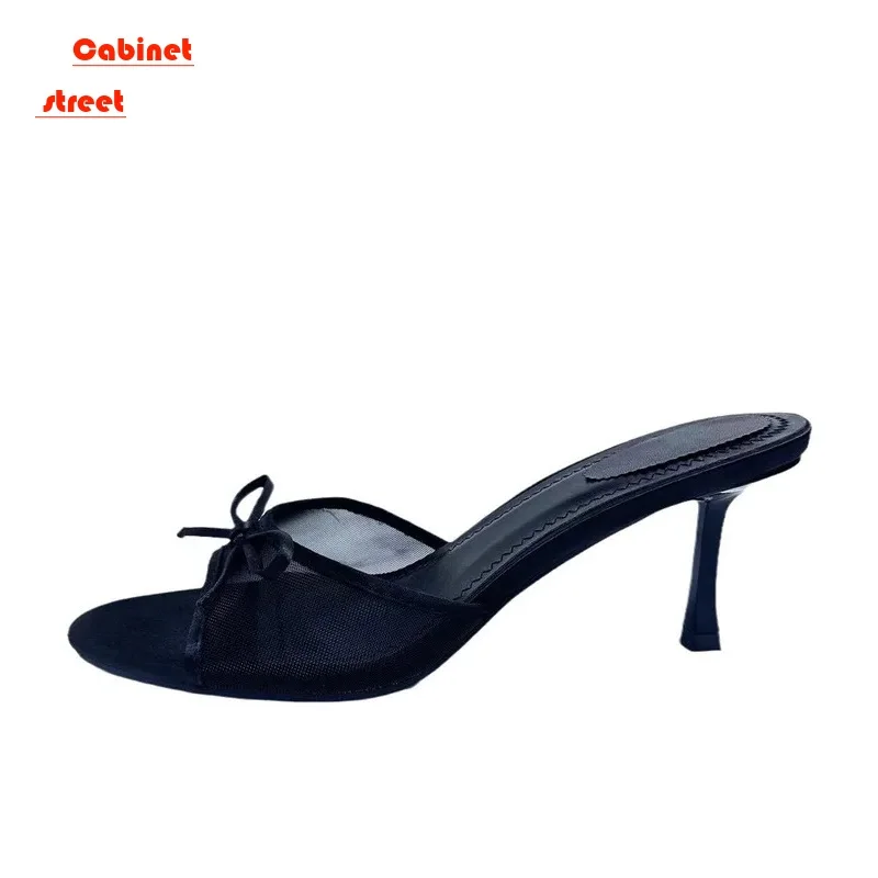 

2024 Spring New Sexy High Heels Slipper For Women Summer Fashion Pointed Party Sandal Shoe Bows Trimmed With Mesh Fabric Pumps