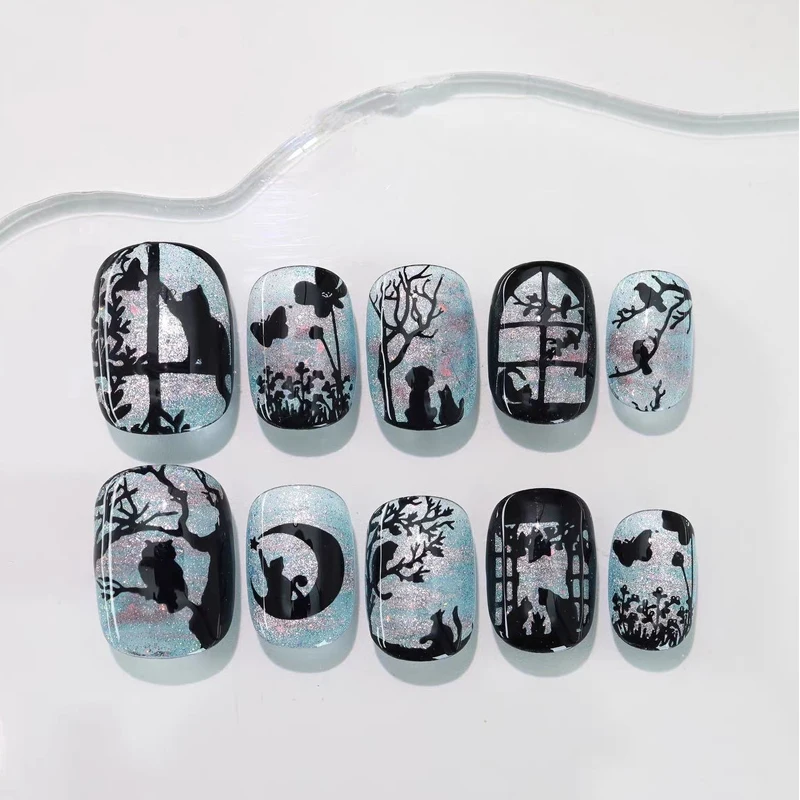 10 Stück kurze, ovale, schwarze, niedliche Katzen-Press-on-Nägel, wiederverwendbare, abnehmbare Nagel-Patches, künstliche Nägel, Nagelkunst-Aufkleber – Detail 3