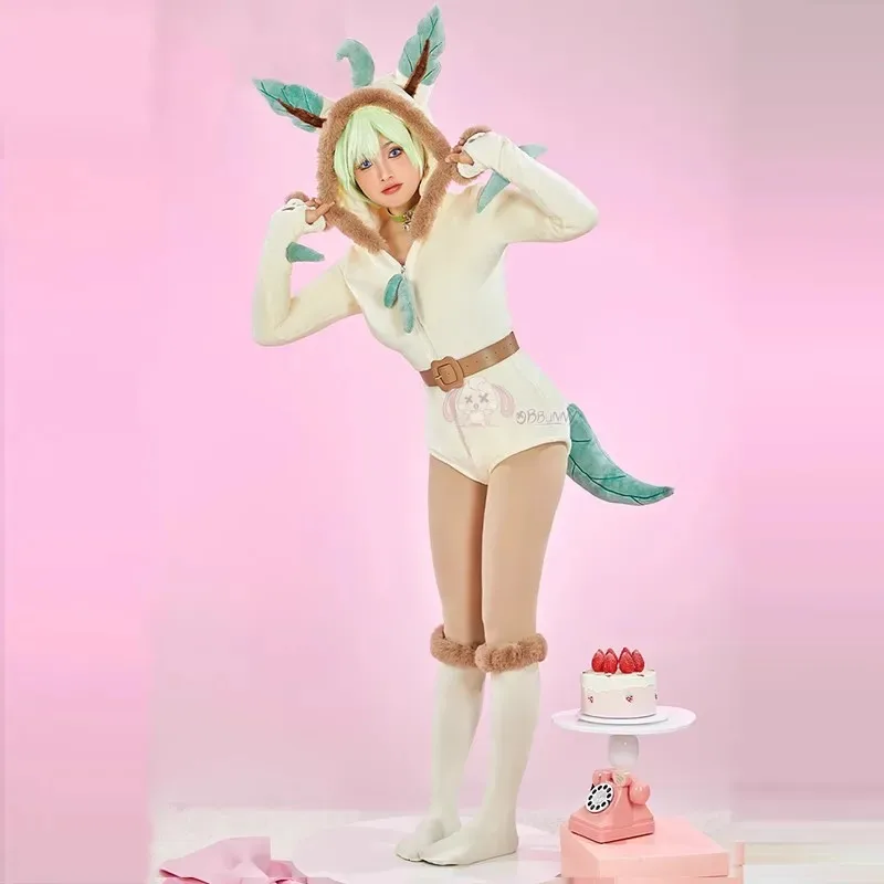 Kostium Cosplay Anime Leafeon 2025 Damski Pluszowy Kombinezon z Kapturem Skarpetki Strój Króliczka Słodka Kreskówkowa Piżama Flanelowa Sexy