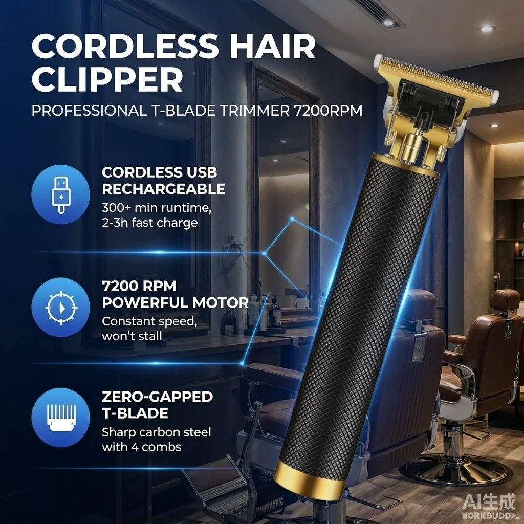 Rechargeable Cordless Hair Clipper and Beard Trimmer with T Blade, Guide Combs, Adjustable Cutting Length, Low Noise Motor, USB Charging Design for Hair Cutting, Beard Shaping and Daily Grooming at Home, Salon or Barber Shop Use, Compact Easy Operation