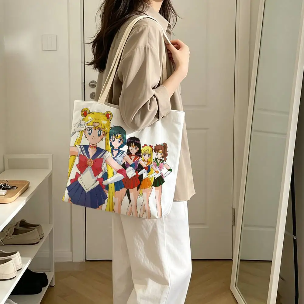 Cute girls S-Sailors M-Moon-es Canvas Tote Bag Spacious Shoulder Bag with Zipper Closure and Classic for Work