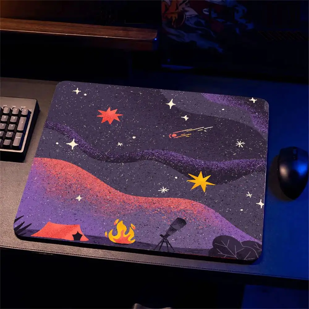 Camping Night Starry Sky Small Mouse Pad, Mountain Landscape Shooting Star Desk Aesthetic Wilderness Campfire Tent Gaming Mat