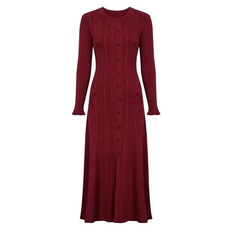 

High-End Quality Women's Knitted Long Sleeve Dress Slimming Elegant Lady Style Midi Dress Casual round Neck Single Button Clo...