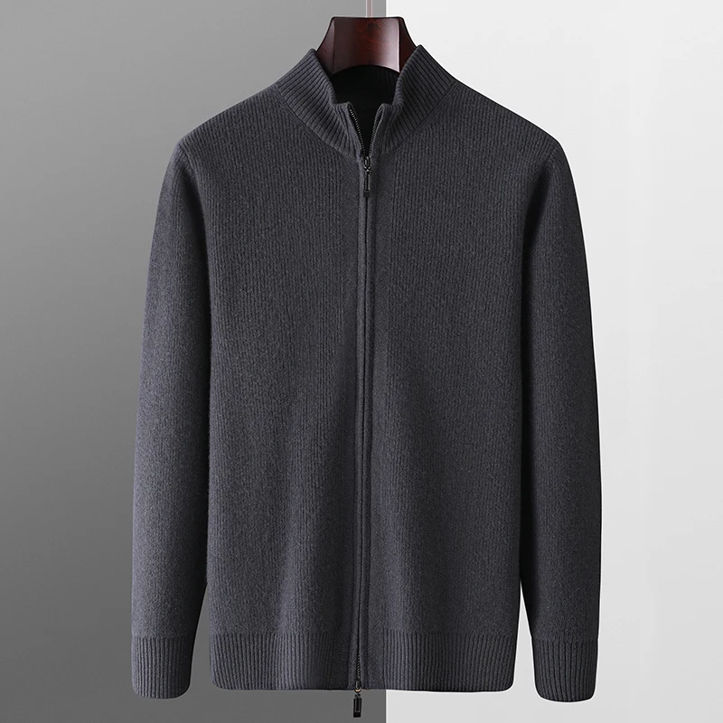 New 100% Pure Wool Knit Cardigan Middle-Aged Stand-up Collar Zip-up Coat Cashmere  Autumn Winter Thick Sweater Men Jacket 2026