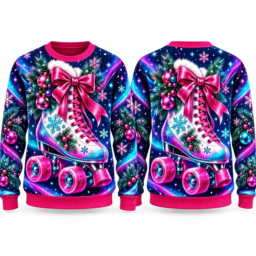 Christmas Roller Skate Ugly Christmas Sweater for Men Women Festive Holiday Party Crewneck Pullover Long Sleeve Sweaters
