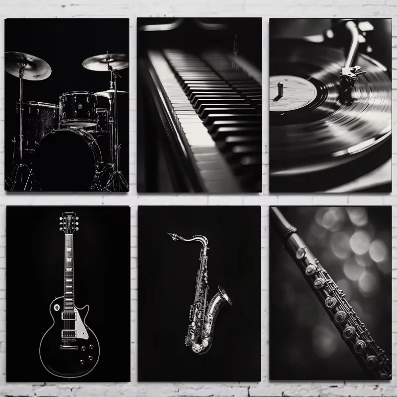 Póster de instrumentos musicales en blanco y negro moderno, guitarra, tambor, Piano, trompeta, pintura en lienzo, arte de pared, Mural de decoración del hogar para sala de estar