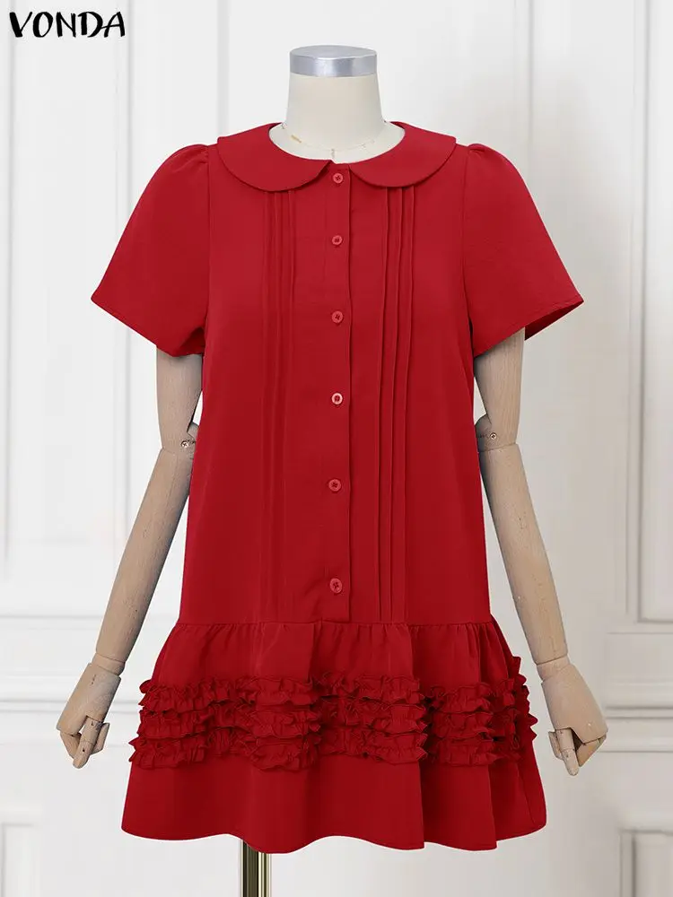 فساتين فوندا الحلوة للسيدات صيفية بأكمام قصيرة وياقة بيتر بان فستان صيفي مكشكش موضة 2025 فساتين صغيرة على شكل كعكة صلبة بطيات #4