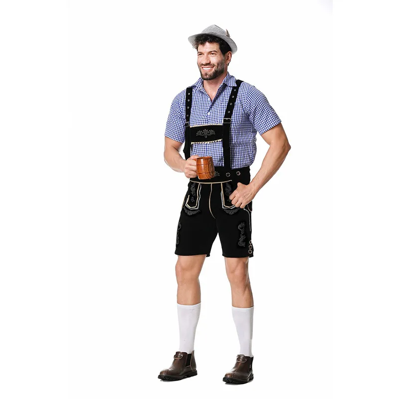 Three-Piece Set Oktoberfest Lederhosen Costume for Men Bavarian German Beer Festivals Suspenders Shirt Hat Male Cosplay Costumes