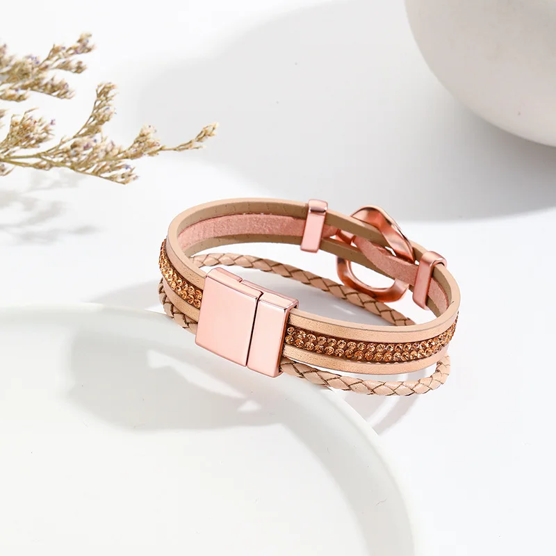 ALLYES Fashion Geometric Circle Bracelet for Women Elegant Multilayer Crystal Chain Braided Wrap Leather Bracelets Jewelry Gift