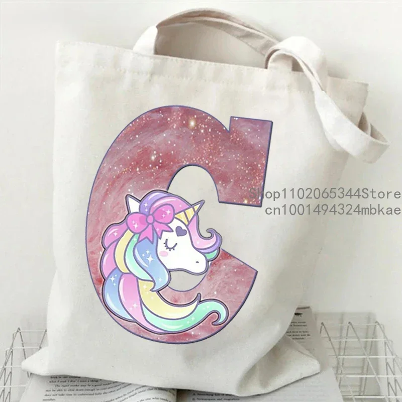 Cute Unicorn Dreams Alphabet Graphic Canvas Shopping Bag Women Cartoon Cute Unicorn Alphabet Canvas Shoulder Bag Women Tote Bags