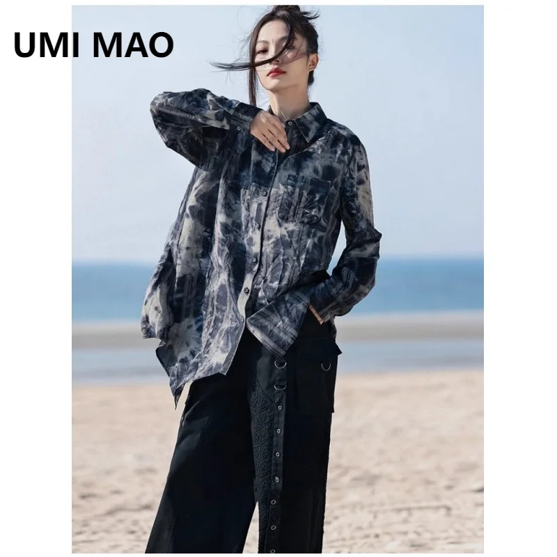UMI MAO Retro Tie Dye Blue Shirt Jacket Women New Cool And Niche Irregular Design Loose Long Sleeve Sleeved Top Femme