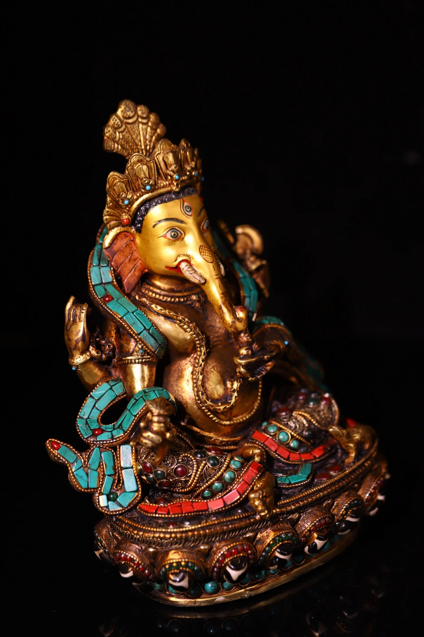 Old Bronze Mosaic Gem gZi Beads Turquoise Tibetan Silver Filigree Elephant Head God Ganesha Sitting Buddha Worship Hall