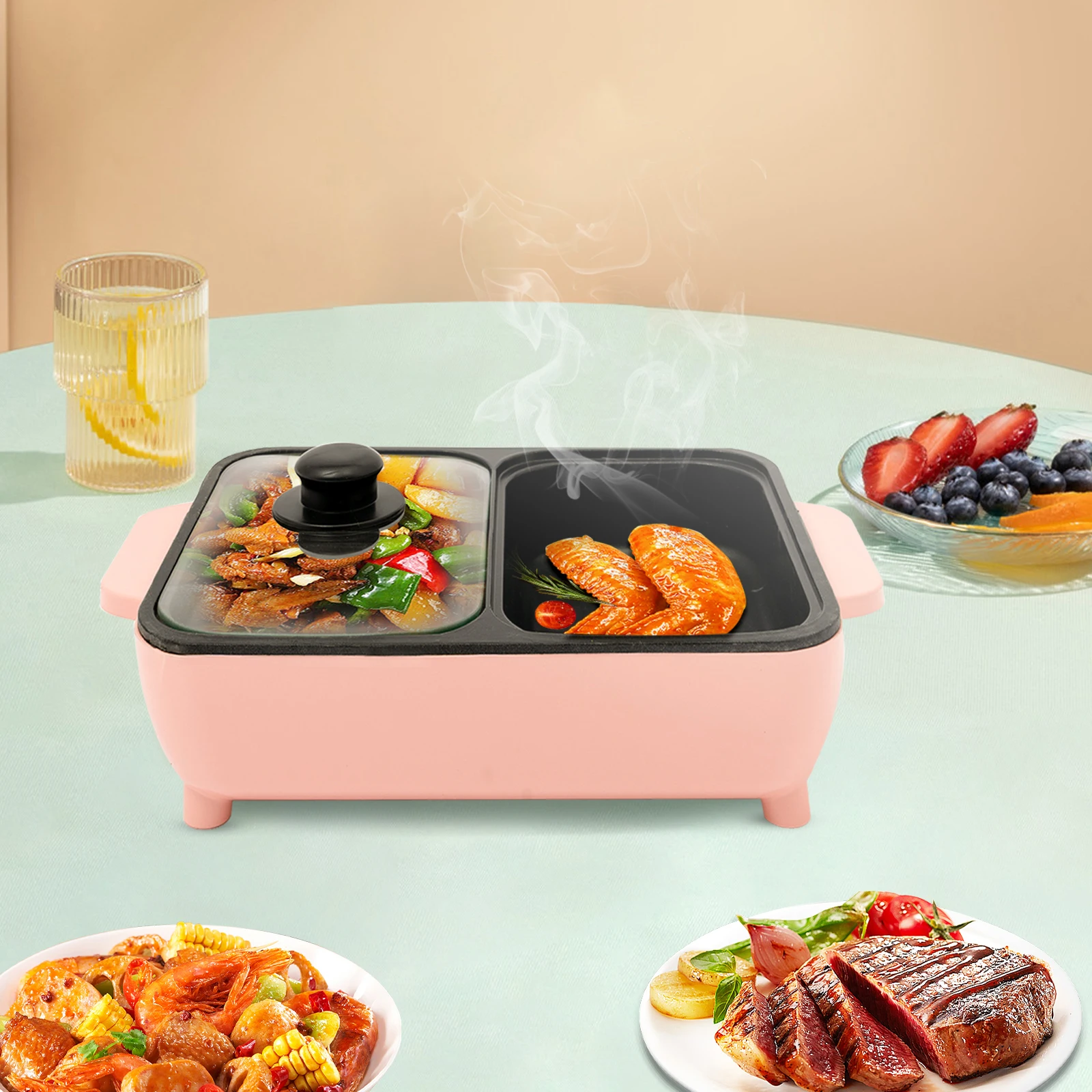 

2-in-1 Electric Hot Pot for Kitchen, Non-stick Baking Pan, Smokeless BBQ Grill Pan for 1-4 People 110V, Pink