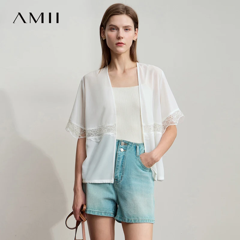 Amii Minimalistisches Beige-Chiffon-Hemd für Damen, 2025, Sommer, neue Bürodame, lässig, V-Ausschnitt, Spitze, einfarbig, elegantes Feen-Top 12522146