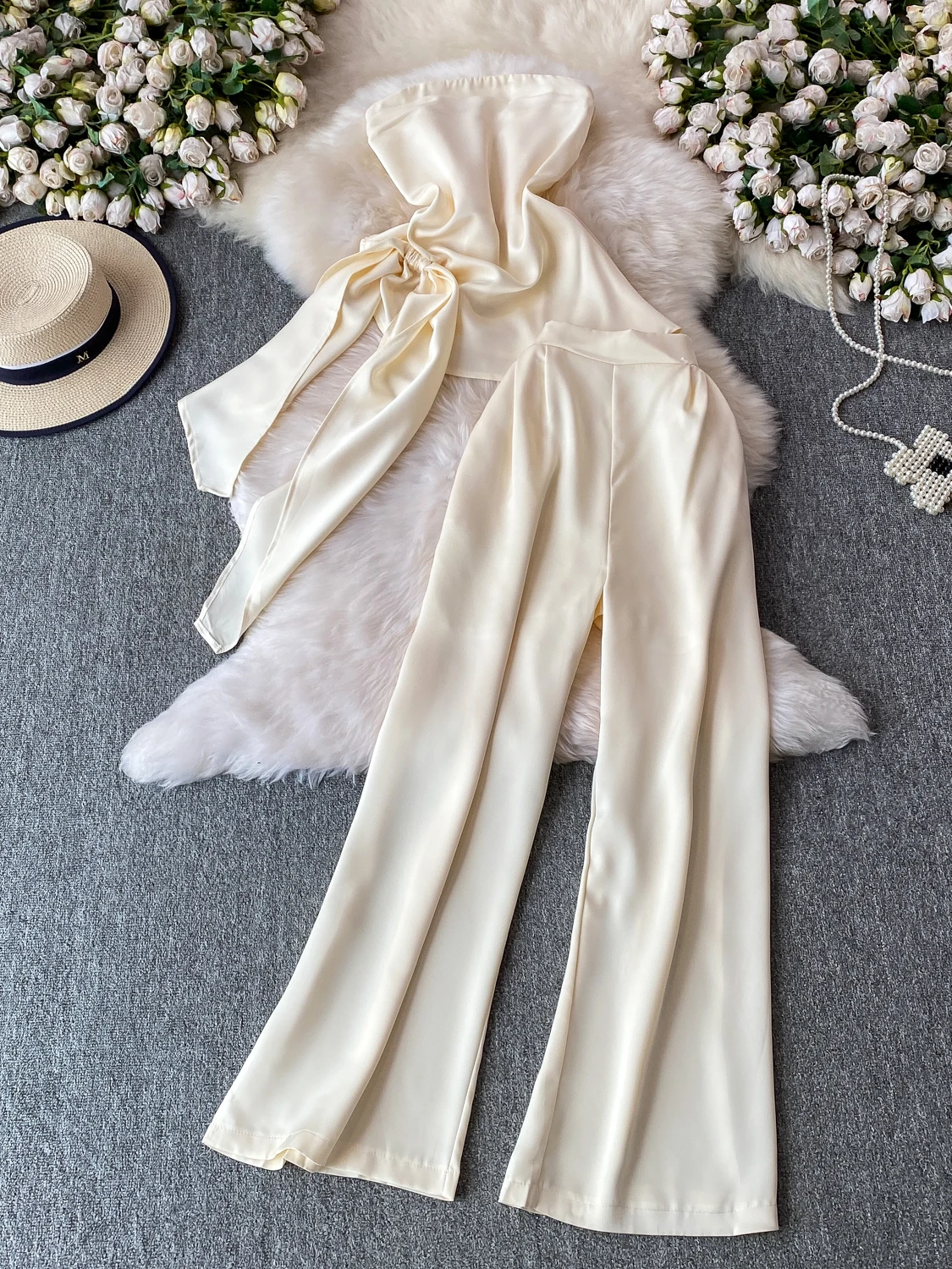 Elegant Satin Wrap Chest Bandage Sexy Waist Cinch Loose Long Pants Two Piece Set Fashionable Elastic Knot Top Women's Ensemble